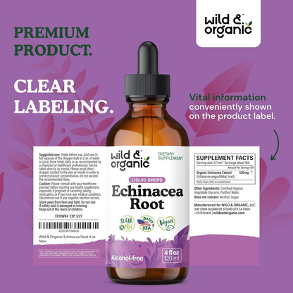 Wild & Organic Echinacea Drops - Immune & Lymphatic Drainage Drops - Liquid Echinacea Supplement - Add to Tea Tincture - Angustifolia Herb Extract - Vegan, Sugar & Alcohol-Free - 4 fl oz