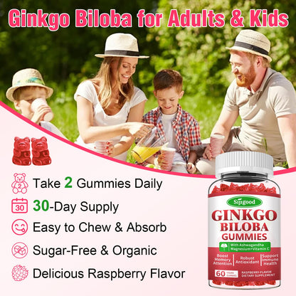 2 Pack Ginkgo Biloba Gummies with Panax Ginseng and Magnesium, Ginkgo Biloba Supplements for Focus, Memory, and Brain Health for Adults & Kids, Vegan Raspberry Flavor Gummies, 120 Count