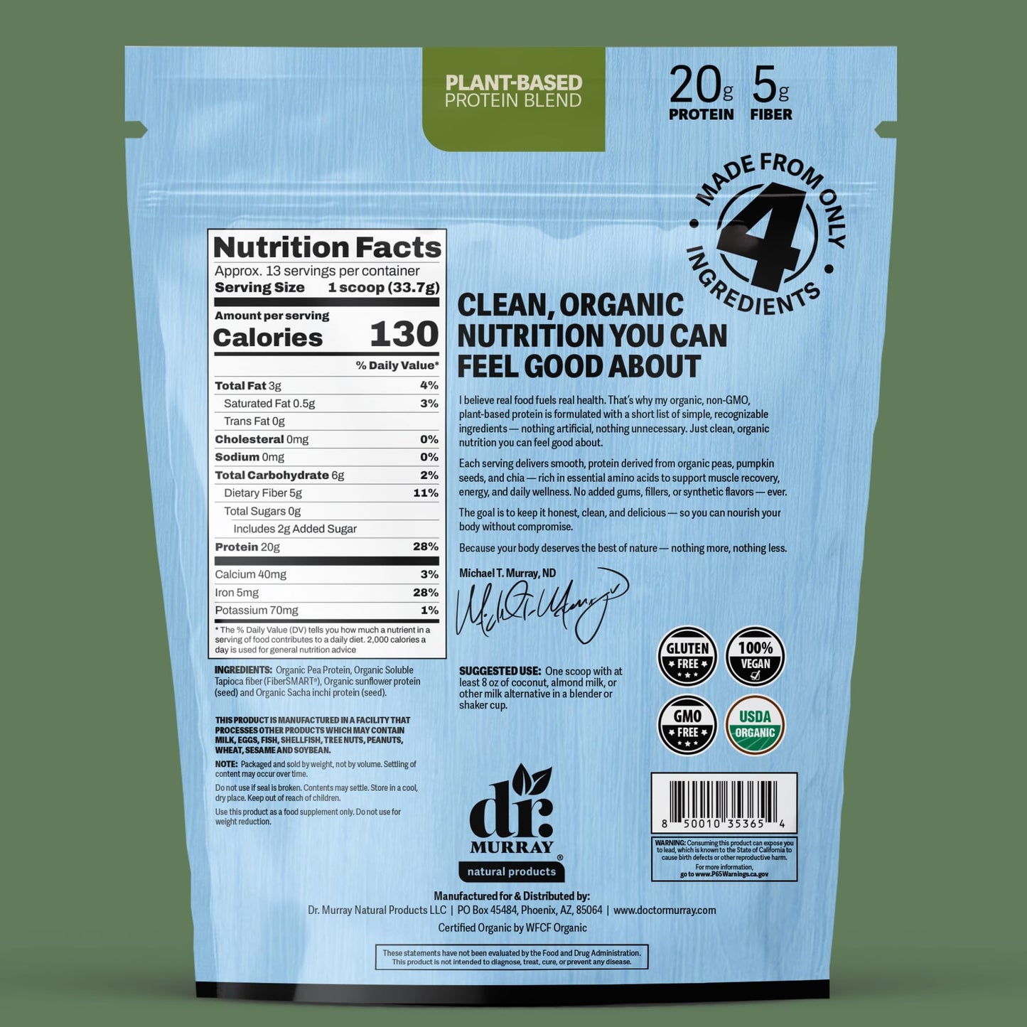 Dr. Murray's USDA Organic Plant Based Protein Powder | 20g Protein | 6g Fiber | Vegan & Keto | Gluten & Dairy Free | Low Carb | No Added Sugar | Matcha, 1 lb.