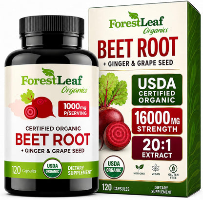 ForestLeaf USDA Organic Beet Root Capsules - Beetroot Supplement 1000mg 20:1 Extract w/Ginger Grape Seed - Support Blood Pressure, Nitric Oxide, Flow, Circulation - Made in USA - 120 Caps
