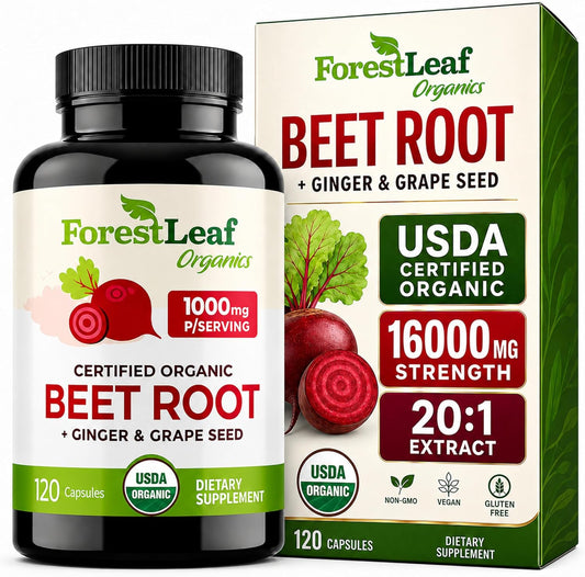 ForestLeaf USDA Organic Beet Root Capsules - Beetroot Supplement 1000mg 20:1 Extract w/Ginger Grape Seed - Support Blood Pressure, Nitric Oxide, Flow, Circulation - Made in USA - 120 Caps