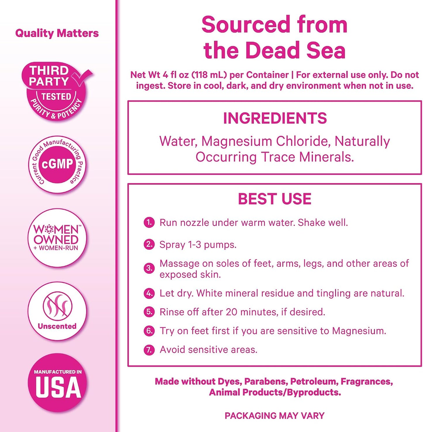 Pink Stork Magnesium Spray Mist, Unscented, 4 oz | For Calm, Stress, and Sleep, Seasickness Support, Pregnancy Must Haves, 200 mg per 6 Sprays