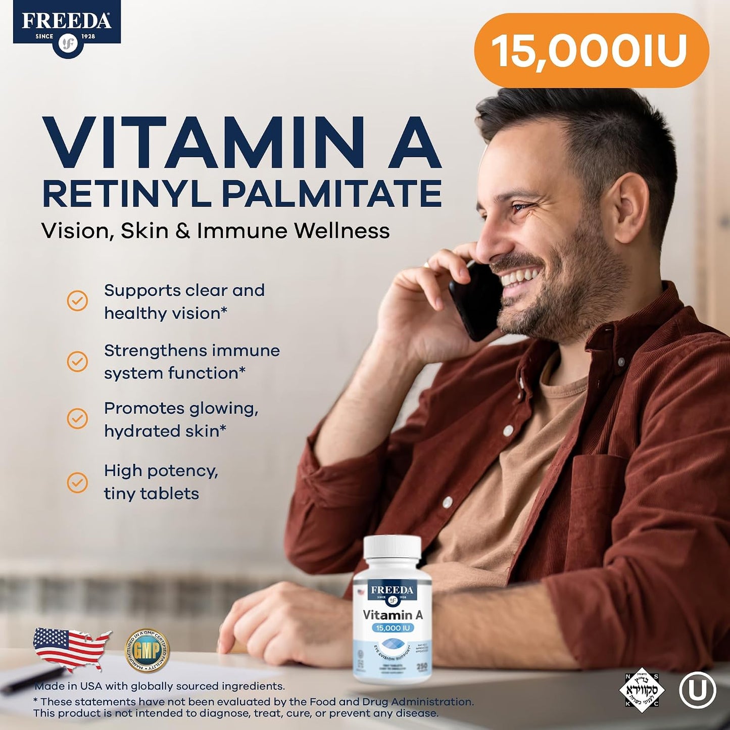 FREEDA Vitamin A 15,000 IU – Retinyl Palmitate – Vegan, Kosher, No Fish – Eye, Vision, Immune & Skin Support – Tiny Easy-to-Swallow Tablets – VIT A Vitamina A Supplement – 250 Tablets | Supports Healthy Vision, Skin, and Immune Function – Highly Absorbabl