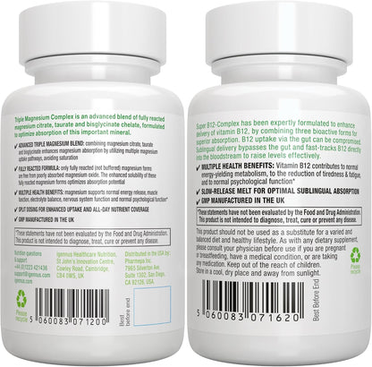 Triple Magnesium Complex + Super B12-Complex Energy Bundle, High Absorption Chelated Glycinate, Taurate & Citrate Magnesium + High Absorption Sublingual B12, Vegan, by Igennus