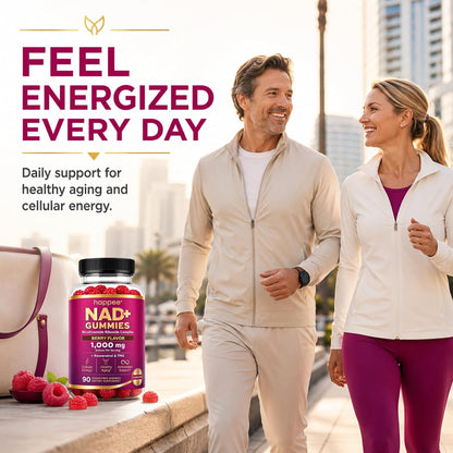 Happee NAD+ Gummies Supplement for Women & Men, Sugar-Free 1,000mg 90 Ct | Healthy Aging, Energy, & Focus 5-in-1 NAD Plus Resveratrol, Nicotinamide Riboside 500mg NR, TMG, Quercetin, & CoQ10