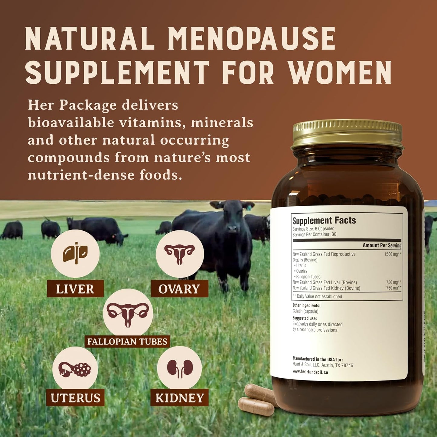 HEART & SOIL Her Package Supplement, 180 Capsules | 100% grass fed & finished ovary, uterus, liver & kidney. Helps maintain hormone balance & reproductive wellness.