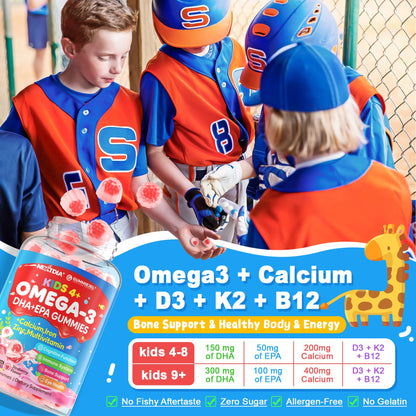Nextdia Omega 3 (EPA/DHA) Filled Gummies for Kids Teen with Multivitamin, Calcium + D3 + K2 + Zinc, Plus Vitamin A B1 B2 B12 C, Selenium, Iodine for Brain, Eye, Bone, Energy, No Fish Taste, Sugar Free