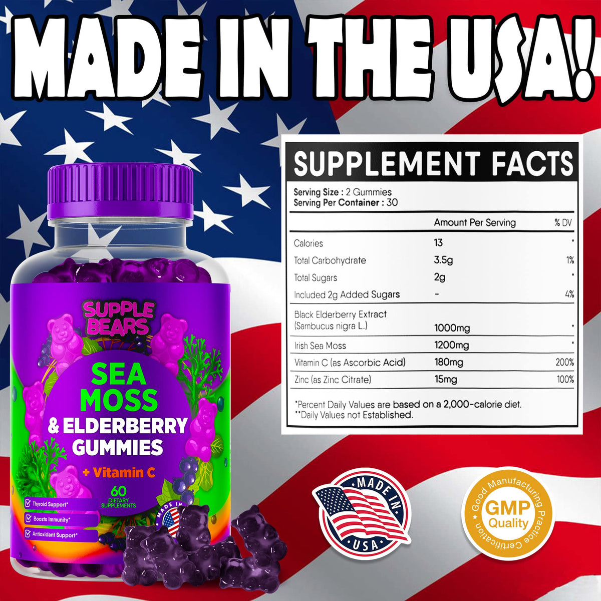 Supplebears Sea Moss Gummies & Elderberry - Vitamin C + Zinc – Extra Strength Immune