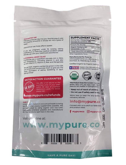 PURE CO USDA Organic Cranberry Concentrate Powder - Organic Cranberry Powder 500mg 50:1 Extract Per 1 Scoop Serving - Kidney Cleanse & Urinary Tract Support for Women - 100 Servings