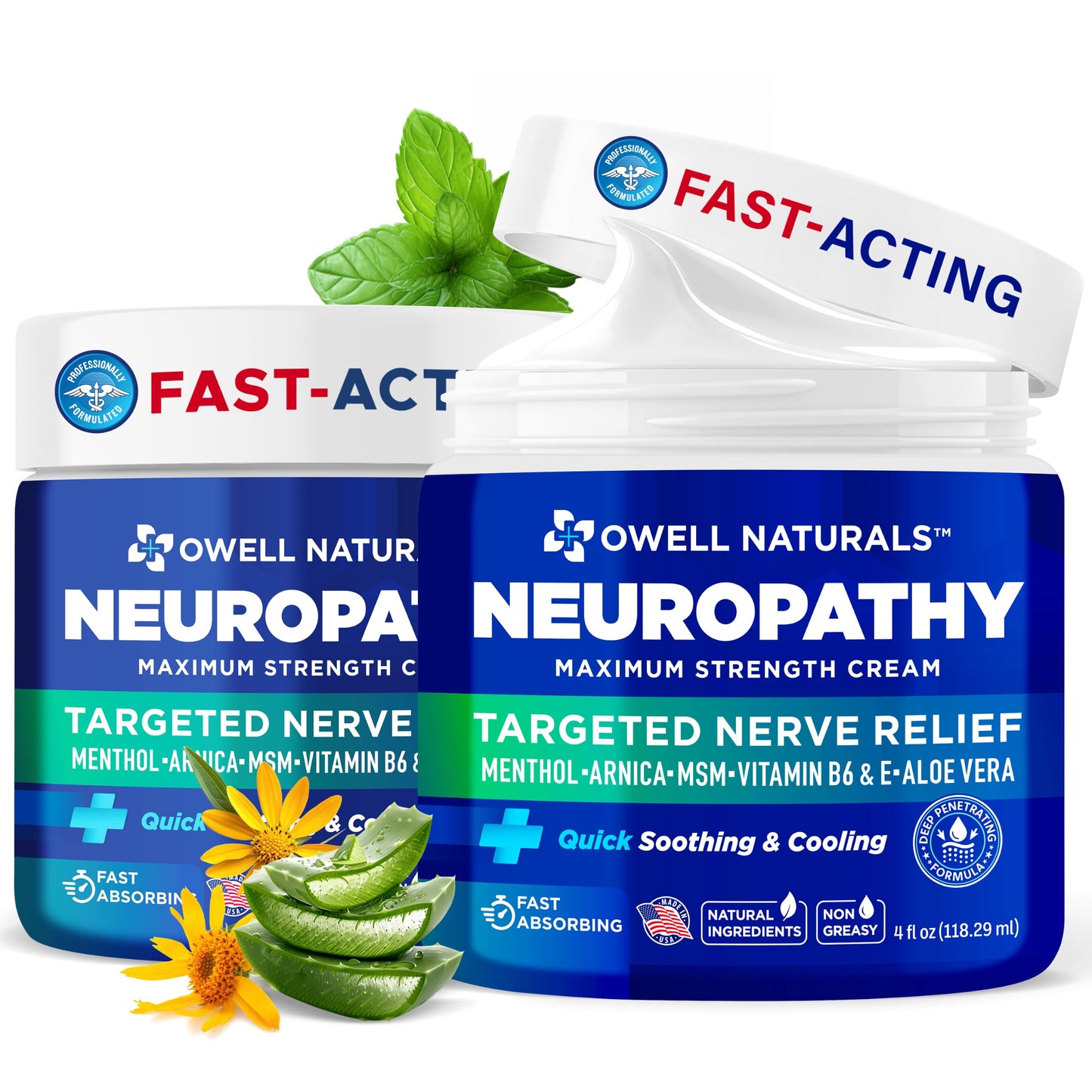 Owell Naturals Neuropathy Cream Extra Strength – Fast Absorbing Cooling for Leg, Feet & Hands – Advanced Soothing Formula with Aloe Vera, Arnica, MSM & Vitamin B6 – Made in USA, 2 fl oz
