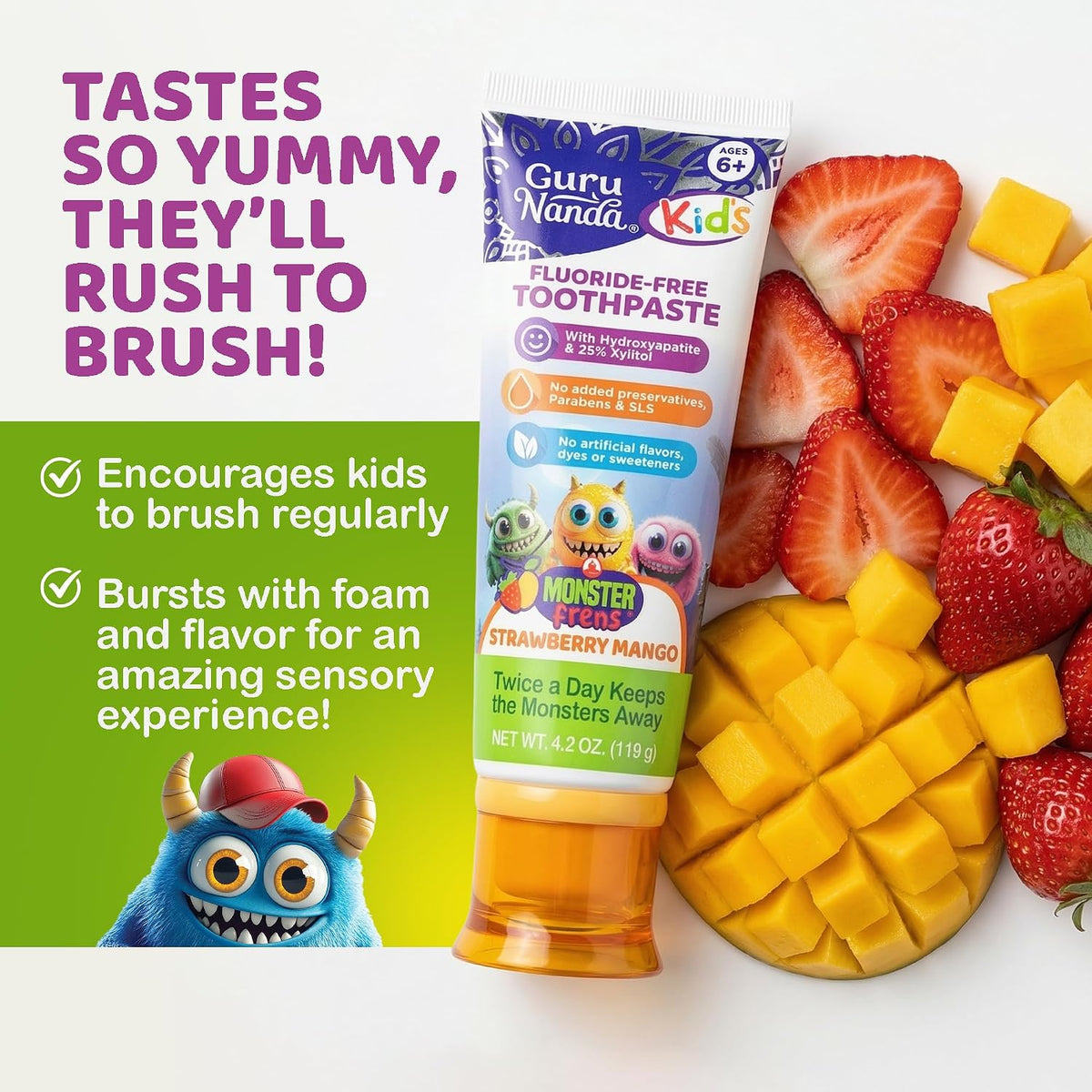 GuruNanda Kids Toothpaste, Strawberry Mango, SLS & Fluoride Free, 4.2 oz