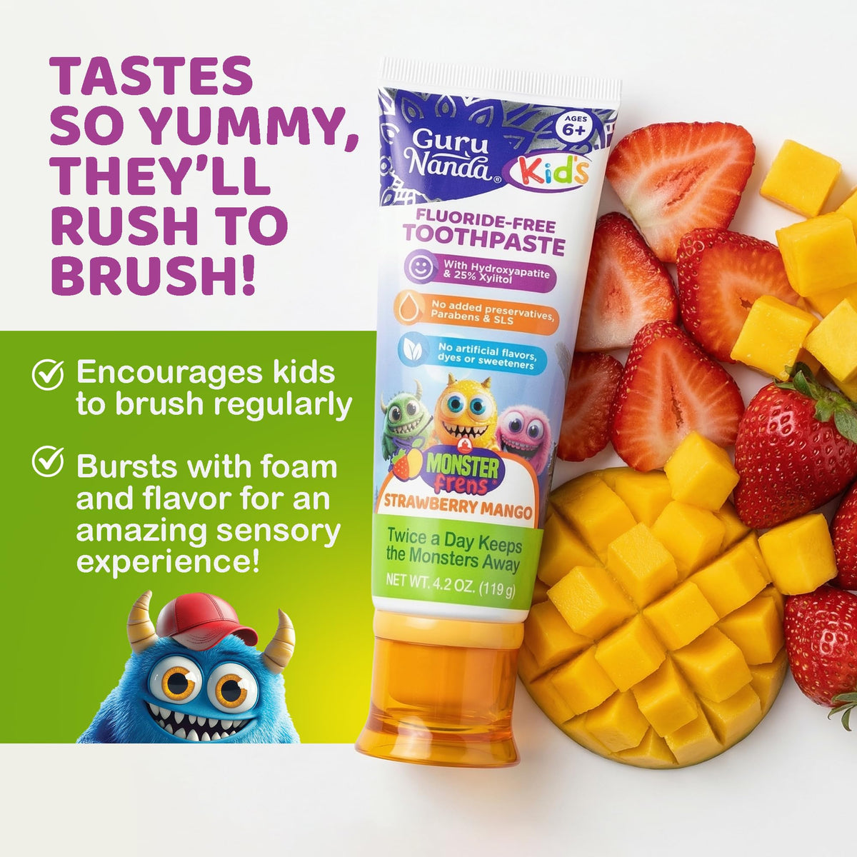 GuruNanda Kids Toothpaste, Strawberry Mango, SLS & Fluoride Free, 4.2 oz