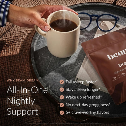 BEAM Dream Sleep Powder – Magnesium Sleep Aid for Adults with Melatonin, L-Theanine, Reishi Mushroom & Apigenin, Sleep Supplement, Sleep Cocoa Hot Chocolate Drink Mix, Brownie Batter, 30 Servings