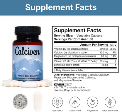 Calciven Natural Bone Support Supplement, Vegetarian, Gluten-Free | Complete Mineral Matrix with Calcium, Magnesium, and Absorption Factors to Promote Bone Density and Strength, 30-Day Supply