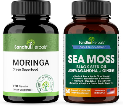 SANDHUHERBALS Moringa & Sea Moss Capsules Supplements for Women & Men | Supports Immune & Digestive Health