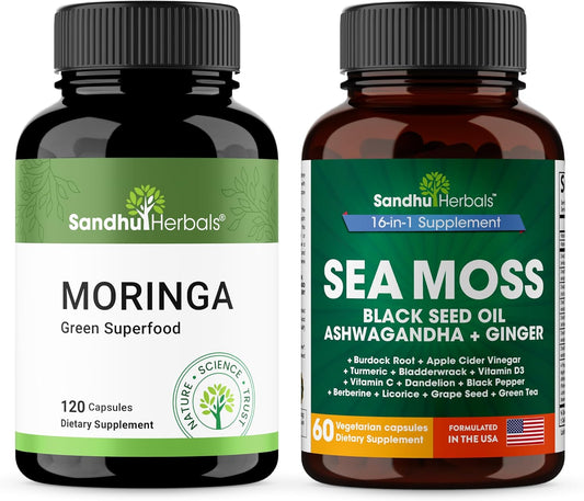 SANDHUHERBALS Moringa & Sea Moss Capsules Supplements for Women & Men | Supports Immune & Digestive Health