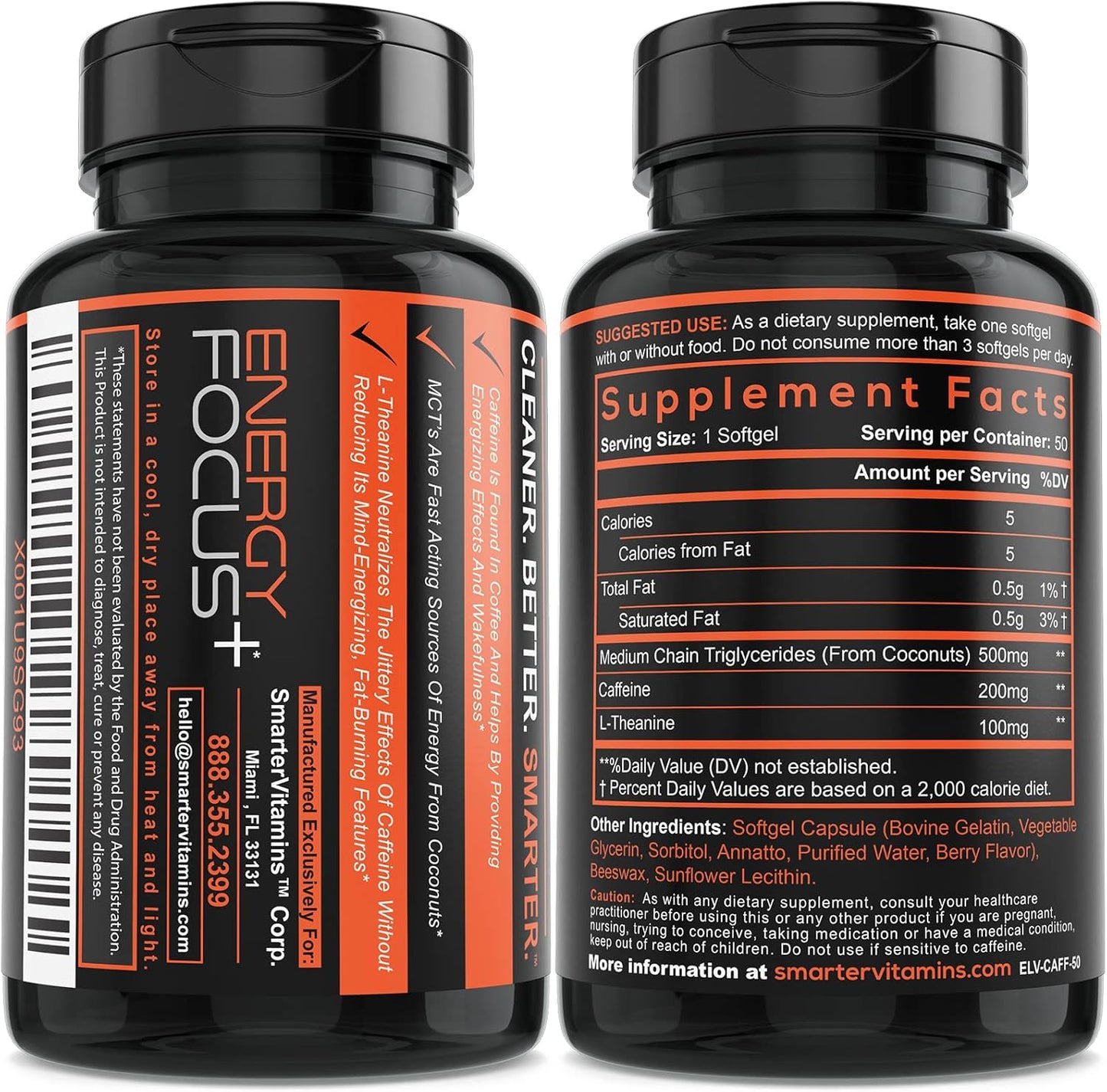 3-Pack Caffeine Pills 200mg with 100mg L-Theanine & MCT Oil, 150 Softgels | 2:1 Caffeine-to-L-theanine ratio for smooth energy and focus, one daily softgel, non-GMO, easy-to-swallow, third-party tested