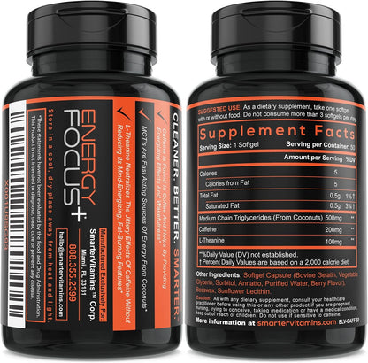 3-Pack Caffeine Pills 200mg with 100mg L-Theanine & MCT Oil, 150 Softgels | 2:1 Caffeine-to-L-theanine ratio for smooth energy and focus, one daily softgel, non-GMO, easy-to-swallow, third-party tested