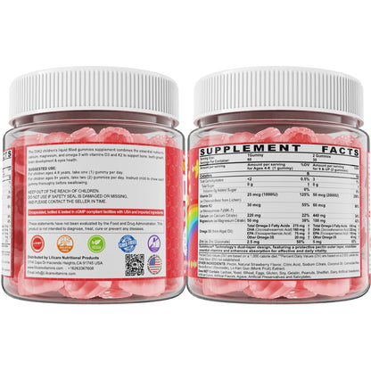 Vitamin D3 K2 + Calcium Liquid-filled Gummies for Kids & Teens, 1000IU / 2000IU D3 with Magnesium, Algal Omega 3, Kids Vitamins for Bones & Teeth, Calcium Absorption, Brain, Immune, Sugar-Free, 60Cts