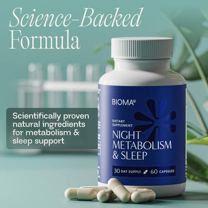 BIOMA Night Metabolism & Sleep - Supports Digestion, Energy Metabolism & Restful Sleep with Melatonin, Vitamin D, Magnesium & More - 60 Capsules (30-Day Supply)