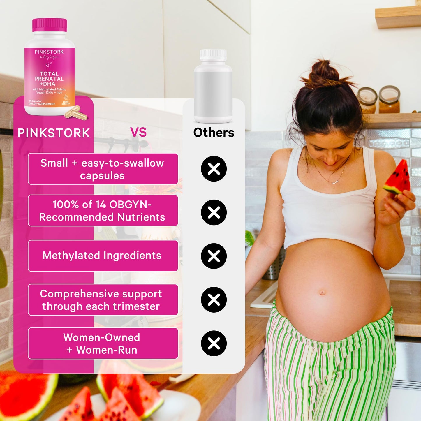 Pink Stork Total Prenatal Vitamins for Women, Clean Label, 60 Count, Mint | Vegan DHA, Methylfolate, Iron, Choline, Vitamin B12 - Preconception Nutrition - No Fishy Burps - Pregnancy Essentials