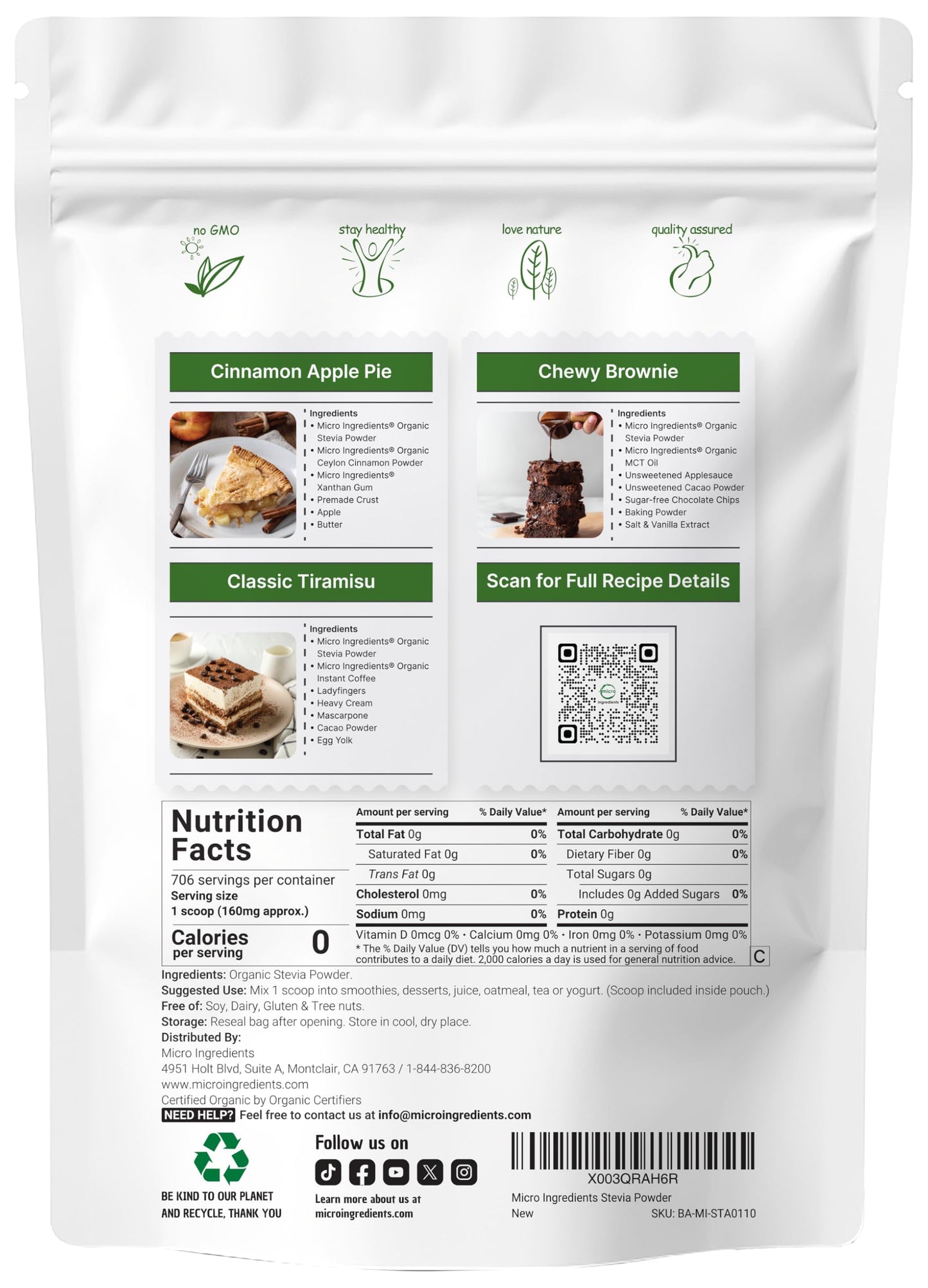 Micro Ingredients Pure Organic Stevia Powder, 8 Ounces, 1418 Serving, Highest Grade Green Leaf Extract Reb-A, Reduced Bitter Aftertaste, 0 Calorie, Natural Sweetener, Sugar Alternative, Keto Friendly