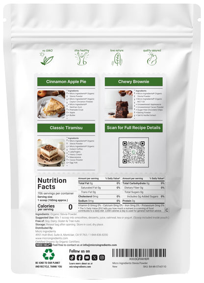 Micro Ingredients Pure Organic Stevia Powder, 8 Ounces, 1418 Serving, Highest Grade Green Leaf Extract Reb-A, Reduced Bitter Aftertaste, 0 Calorie, Natural Sweetener, Sugar Alternative, Keto Friendly