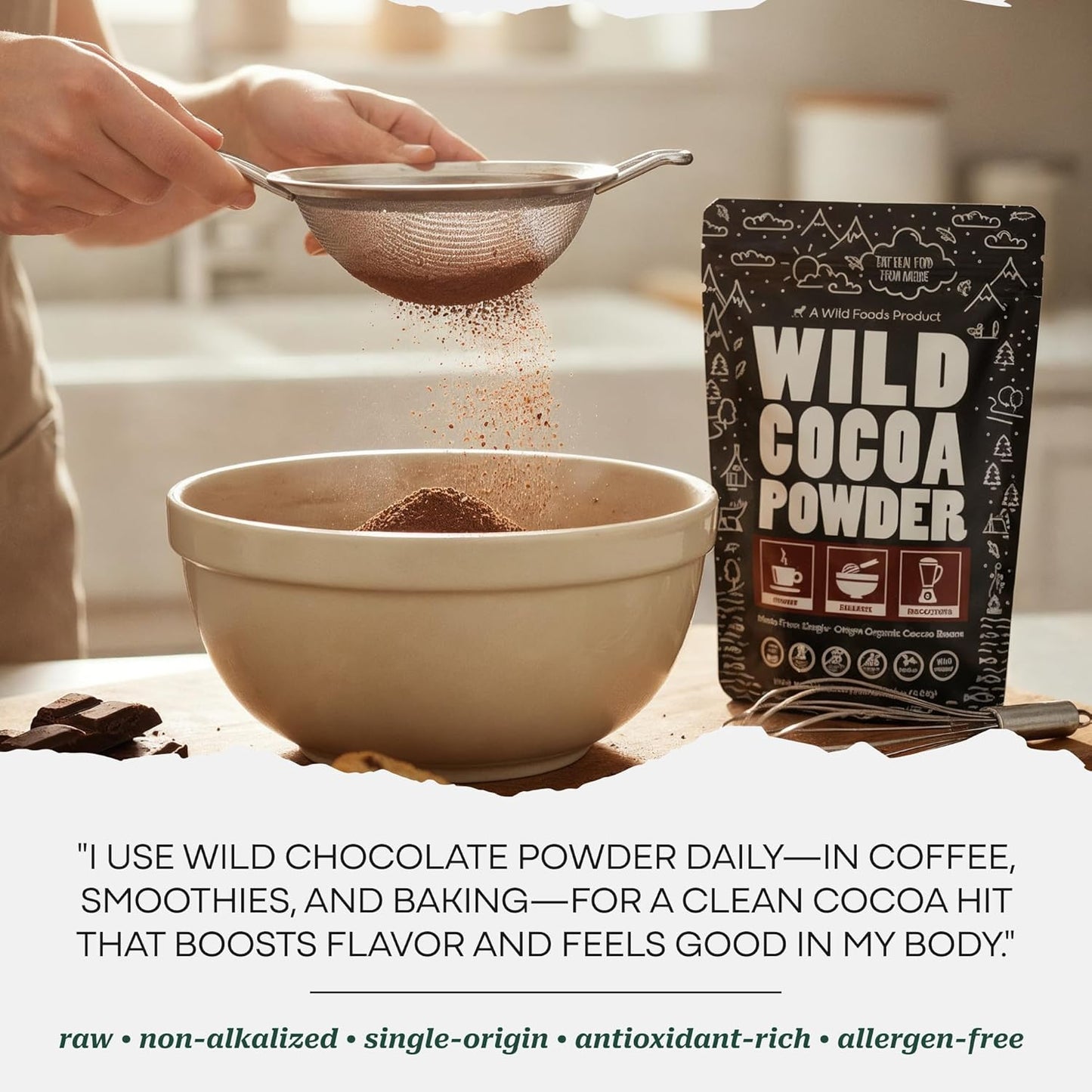 Wild Foods Organic Cocoa Powder Unsweetened for Baking & Cooking, Raw Cacao Powder, Organic Single-Origin Non-Dutched Dark Cocoa, 100% Pure, Non-GMO, Vegan Keto Superfood, Purity Tested, 12 oz
