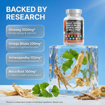 Clean Nutraceuticals Panax Ginseng Ginkgo Biloba Ashwagandha Maca Root - Focus Supplement Pills for Women and Men with Pine Bark Extract, Garlic, and Saw Palmetto - 60 Caps