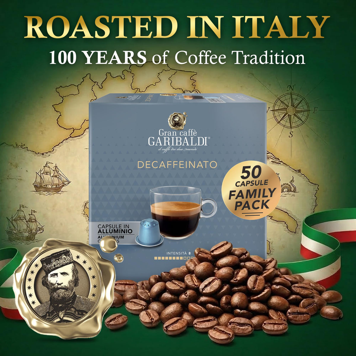 Gran Caffè Garibaldi Espresso Pods, Decaffeinato, 50Count