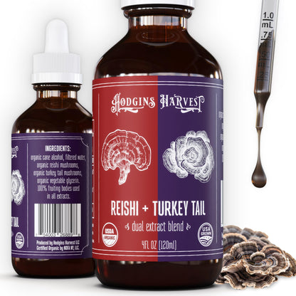 Hodgins Harvest Organic Lion's Mane Fruiting Body Extract Tincture - Mushroom Supplement for Brain Health and Mental Focus - Dual Extract Formula - Extra Concentrated - 4 fl oz Bottle