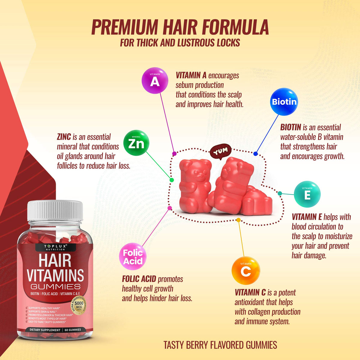 Hair Vitamins Gummies Supplement – Faster Hair Growth Gummy 5000mcg Biotin, Folic Acid
