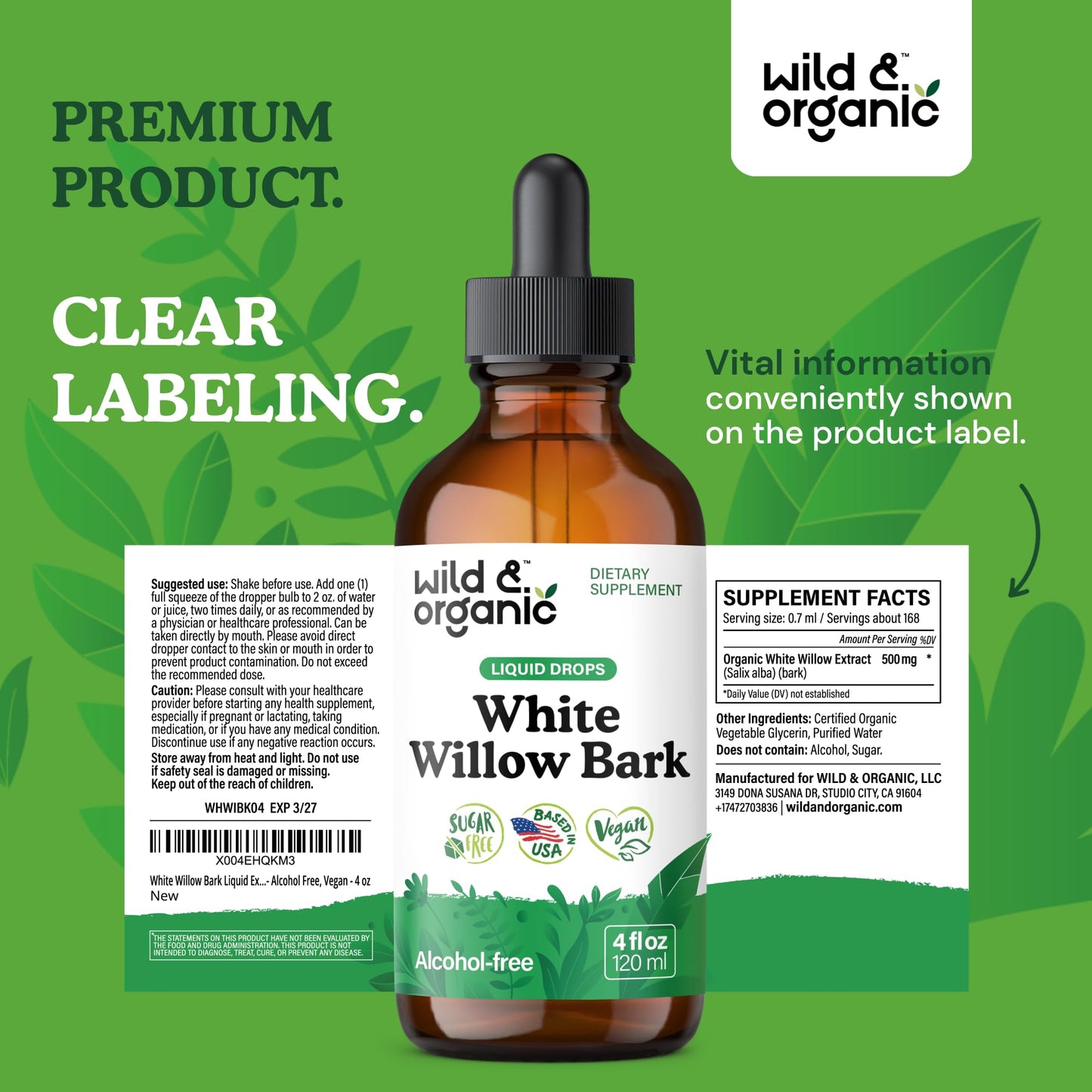 Wild & Organic White Willow Bark Tincture - Liquid Supplement for Overall Support - Alcohol & Sugar-Free White Willow Extract Drops - Salix Alba Bark - Vegan, No Additives - 4 fl oz