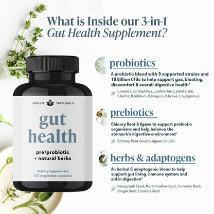 Nuven Naturals All-in-One Gut Health w/Probiotics, Prebiotics, Digestion-Supporting
