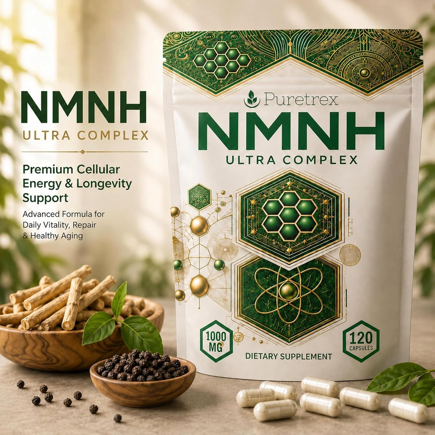 NMNH Ultra Complex 1000mg, NMNH Supplement with Trans-Resveratrol, Quercetin, CoQ10, ALA, TMG, Pterostilbene, Fisetin & BioPerine, 120 Vegan Capsules, Made in UK