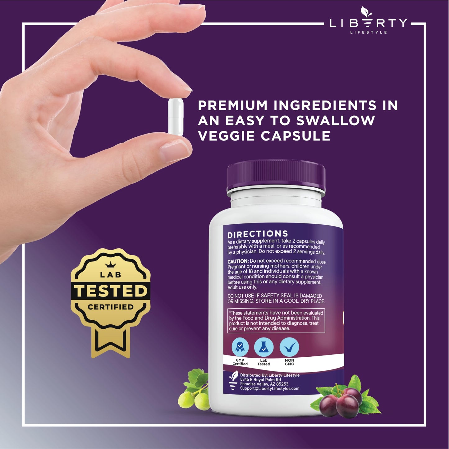 Liberty Lifestyle Resveratrol, Berberine, Grape Seed Extract, Quercetin, Polyphenol Supplement for Women and Men with Noni Extract, N-Acetyl Cysteine, Acai Extract - 2-Pack