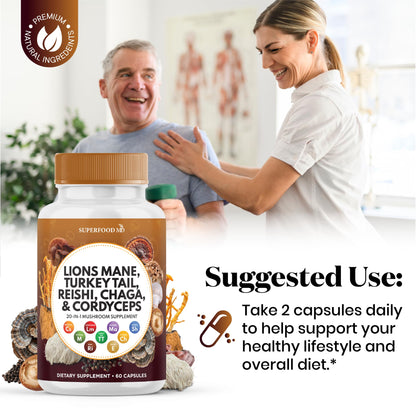 Superfood MD Lions Mane Mushroom Supplement with Turkey Tail Reishi Cordyceps Chaga with Marshmallow Root - 120 Count