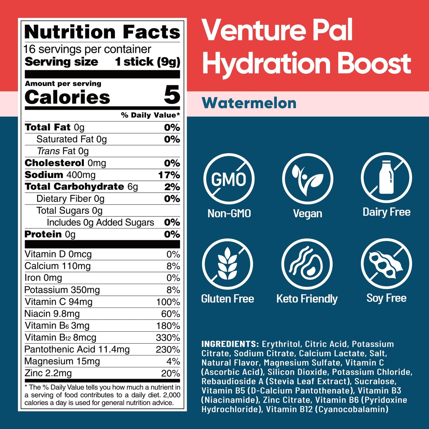 Venture Pal Sugar Free Electrolyte Powder Packets, Keto Friendly, 16 Sticks | Liquid Daily IV Hydration Packets for Rapid Rehydration. 7 Electrolytes & 5 Vitamins | Non-GMO | Vegan | Fast Dissolve