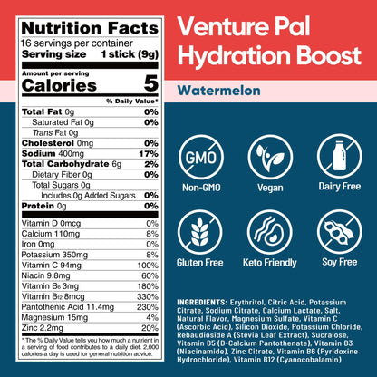Venture Pal Sugar Free Electrolyte Powder Packets, Keto Friendly, 16 Sticks | Liquid Daily IV Hydration Packets for Rapid Rehydration. 7 Electrolytes & 5 Vitamins | Non-GMO | Vegan | Fast Dissolve