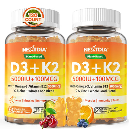 Vitamin D3 K2 Gummies 5000IU / 10,000 IU with Omega-3 250mg + K2(MK-7) 100mcg - 5X Absorption Than Standard D3K2,with Vitamin C, Zinc,and 5 Organic Vegetables,Supports Bone & Teeth Strength, Immune