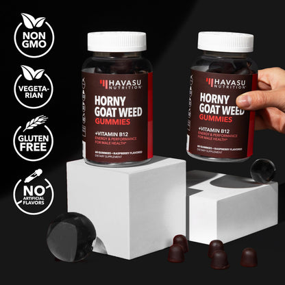 Horny Goat Weed Gummies with Vitamin B12, Raspberry Flavor, 30 Servings | Vegan, Non-GMO Horny Goat Weed Gummies to Support Drive, Vitality and Performance for Men, 60 Count, 1-Month Supply