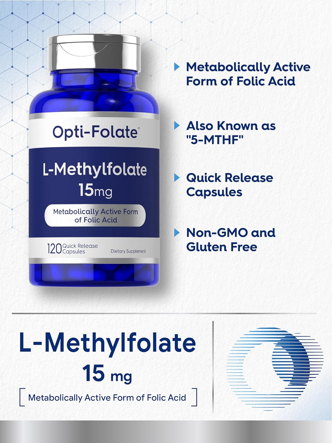 Carlyle L Methylfolate 15mg | 120 Capsules | Value Size | Max Potency | Optimized and Activated | Non-GMO, Gluten Free Supplement | Methyl Folate, 5-MTHF | by Opti-Folate