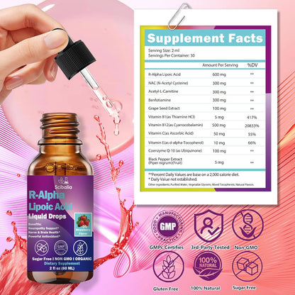R Alpha Lipoic Acid 600mg Liquid Drops for Neuropathy, Advanced 11-in-1 Stabilized R-ALA Supplement w. Benfotiamine Acetyl L-Carnitine Vitamin C E for Antioxidant Nerve Brain Energy Health Non GMO