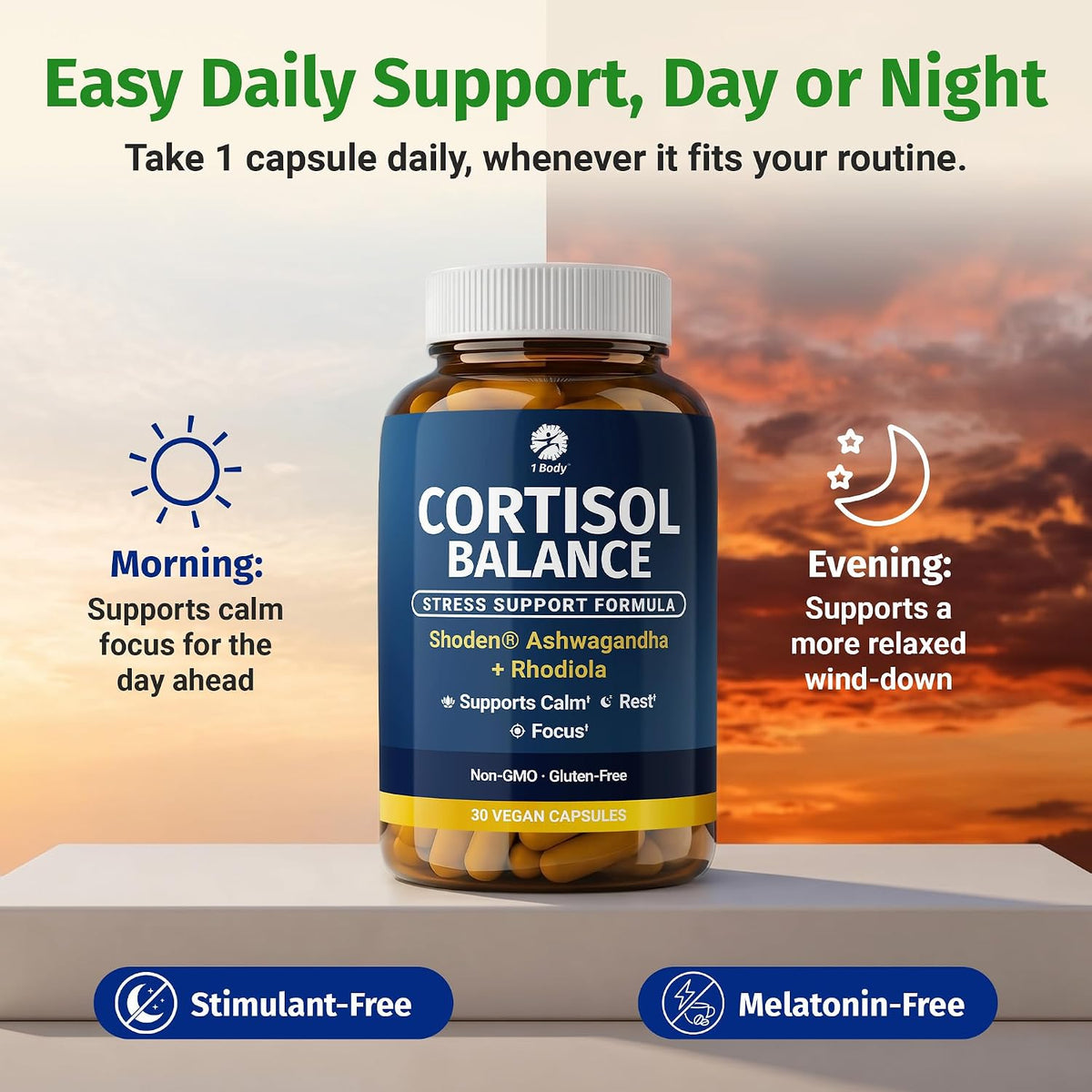 1 Body Cortisol Support with Ashwagandha & Saffron, 30 Vegan Capsules