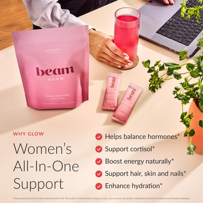 BEAM Glow Hormone Support & Cortisol Supplement for Women - Daily Vitamins for Women with Ashwagandha, Selenium, Zinc, Vitamin A, Biotin for Cycle Health, Mood & Energy, Strawberry Kiwi, 15 Servings