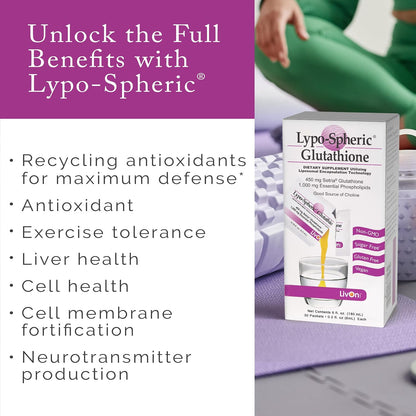 LivOn Laboratories Lypo-Spheric Glutathione - 30 Packets – 450 mg Glutathione Per Packet – Liposome Encapsulated for Maximum Bioavailability – Professionally Formulated – 100% Non-GMO