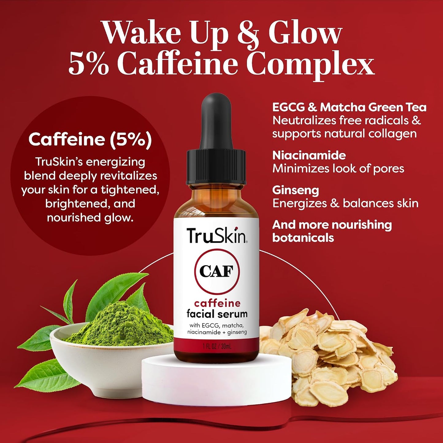 TruSkin Caffeine Face & Eye Serum for Dark Circles & Puffiness, 1 fl oz | With 5% Caffeine, EGCG, Niacinamide, Matcha & Ginseng to visibly refresh and energize tired-looking eyes