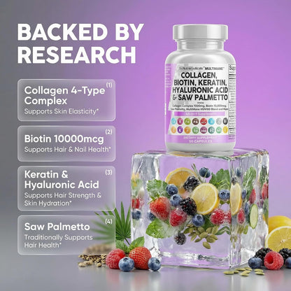 Clean Nutraceuticals Collagen Pills 1000mg Biotin 10000mcg Keratin Saw Palmetto Hyaluronic Acid - Hair Skin & Nails Vitamins & DHT Blocker with Vitamin E Folic Acid Pumpkin Seed MSM - 90 Count