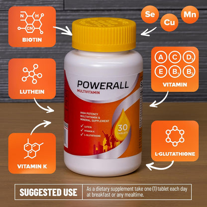 U.S. Health Club PowerAll Adult Multivitamin for Men & Women, 30 Tablets | Adult Multivitamin , Lutein, Vitamin K1, Iron, Zinc, Selenium, Boron, Chromium