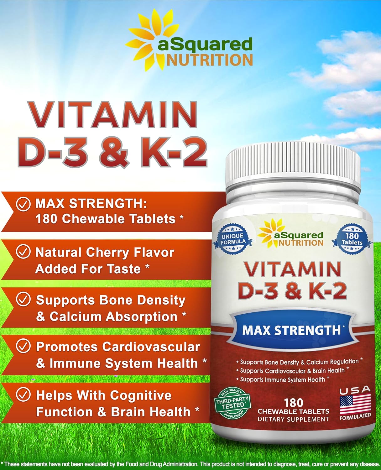 Vitamin D3 with K2 Supplement - 180 Chewable Tablets: Vit D-3 2000 IU & K-2 | Max Strength D3 K2 - Pure D-3 Cholecalciferol & K-2 MK7 to Support Healthy Bones, Teeth, Heart - Antioxidant Energy Formula